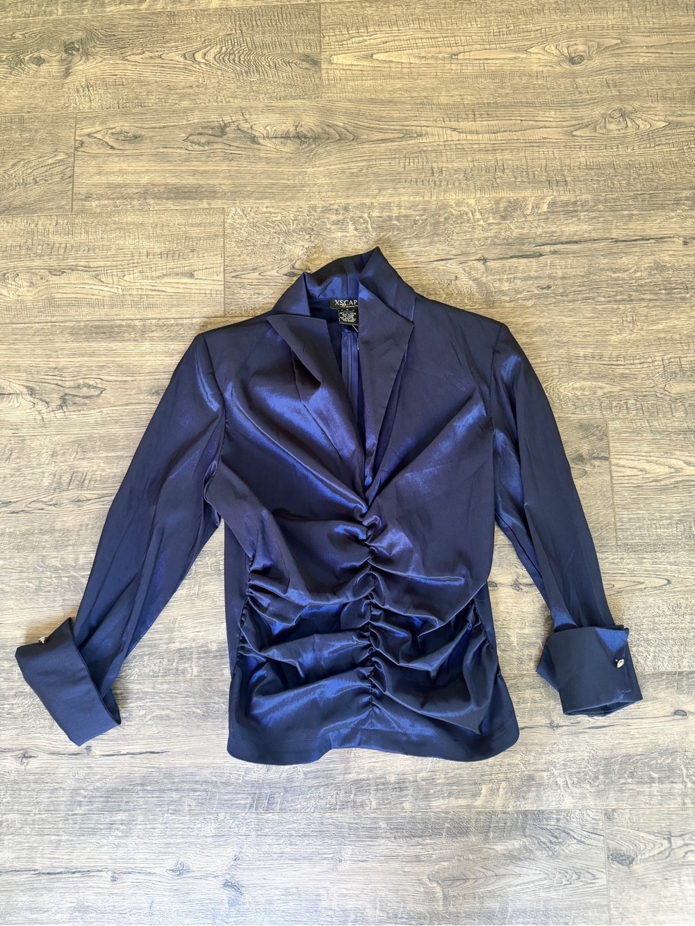 Xscape Midnight Blue Satin Ruched Blouse